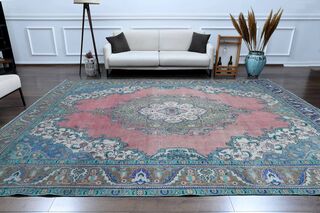9x13 Pink Blue Persian Vintage Rug - Thumbnail