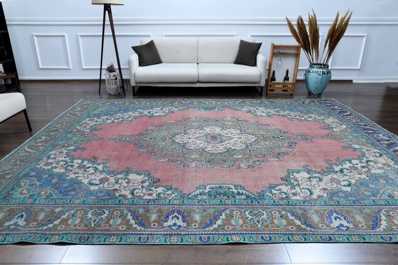 9x13 Pink Blue Persian Vintage Rug