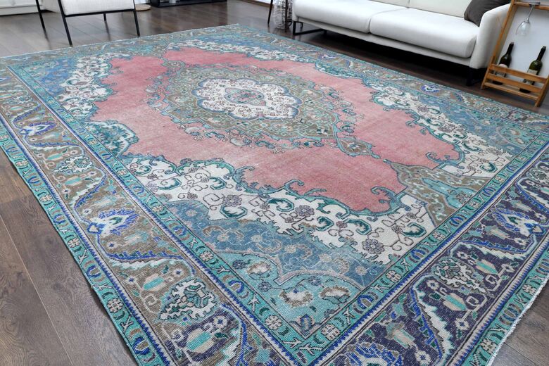 9x13 Pink Blue Persian Vintage Rug
