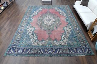 9x13 Pink Blue Persian Vintage Rug - Thumbnail