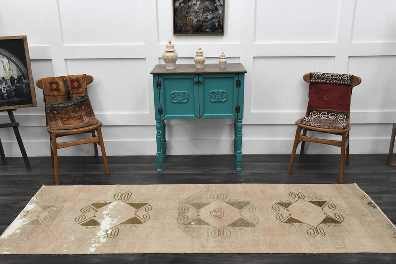 Neutral Geometric Handwoven Runner - 1960's