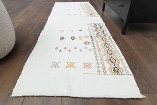 White Flatweave Turkish Kilim Runner - Thumbnail