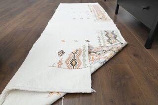 White Flatweave Turkish Kilim Runner - Thumbnail