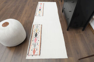 White Flatweave Kilim Runner Rug - Thumbnail