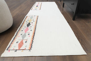 White Flatweave Kilim Runner Rug - Thumbnail