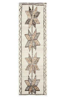 Hand-Knotted White Turkish Runner Rug - Thumbnail