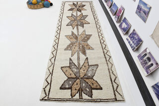 Hand-Knotted White Turkish Runner Rug - Thumbnail