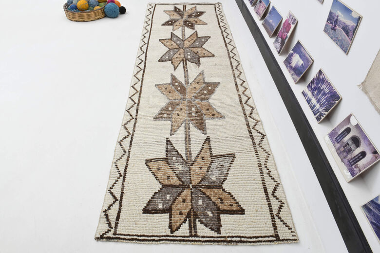 Hand-Knotted White Turkish Runner Rug