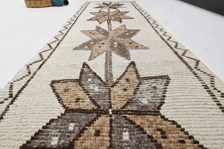 Hand-Knotted White Turkish Runner Rug