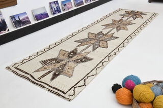 Hand-Knotted White Turkish Runner Rug - Thumbnail