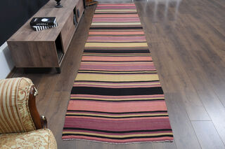 Turkish Kilim Runner Rug - Pink Purple Striped - Thumbnail