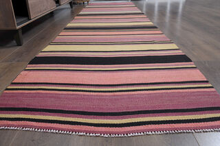 Turkish Kilim Runner Rug - Pink Purple Striped - Thumbnail