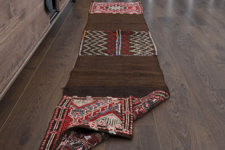 Brown & Red - Turkish Kilim Runner Rug