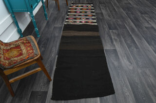 Black Turkish Kilim Runner Rug - Thumbnail