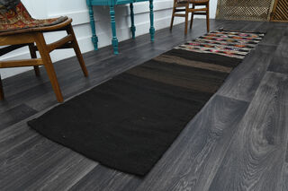 Black Turkish Kilim Runner Rug - Thumbnail