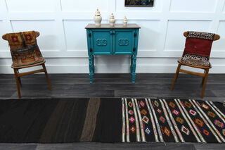 Black Turkish Kilim Runner Rug - Thumbnail