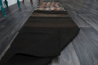 Black Turkish Kilim Runner Rug - Thumbnail