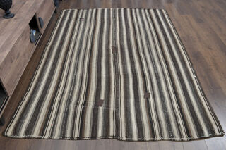 Beige & Black Striped Vintage Kilim - Thumbnail