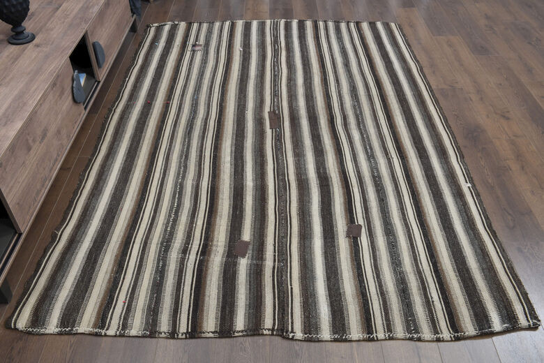 Beige & Black Striped Vintage Kilim