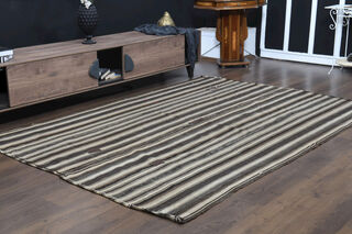 Beige & Black Striped Vintage Kilim - Thumbnail