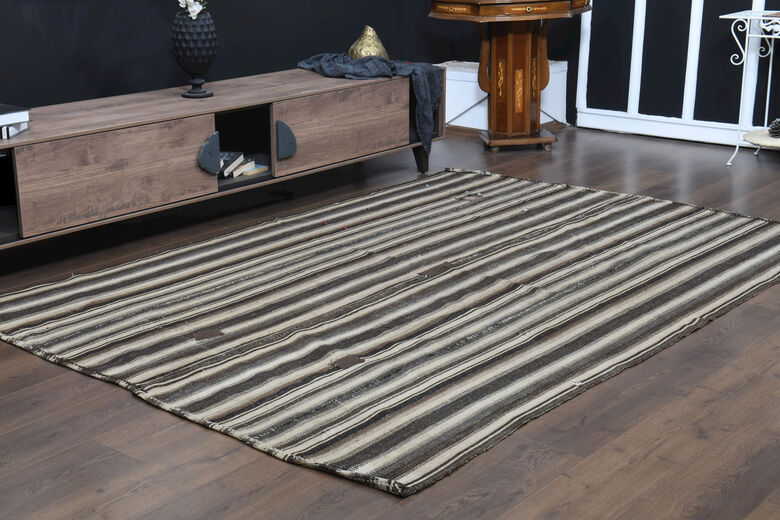 Beige & Black Striped Vintage Kilim