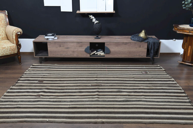 Beige & Black Striped Vintage Kilim