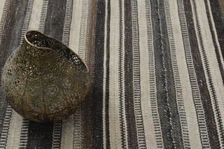 Beige & Black Striped Vintage Kilim - Thumbnail