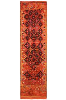 Orange Hand-Knotted Vintage Runner Rug - Thumbnail