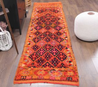 Orange Hand-Knotted Vintage Runner Rug - Thumbnail