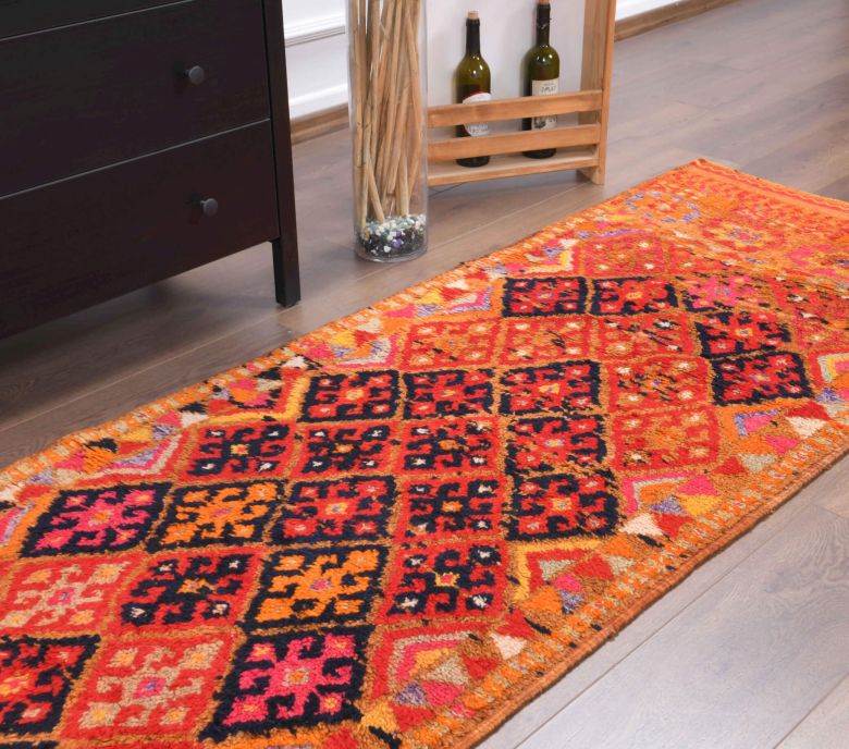 Orange Hand-Knotted Vintage Runner Rug