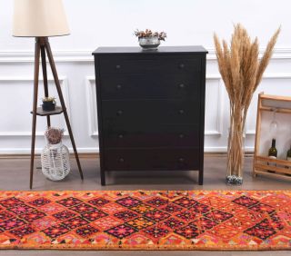 Orange Hand-Knotted Vintage Runner Rug - Thumbnail