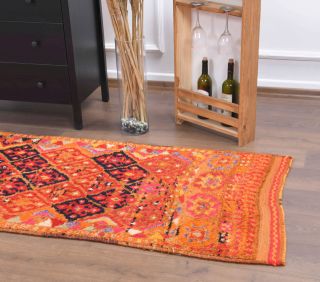 Orange Hand-Knotted Vintage Runner Rug - Thumbnail