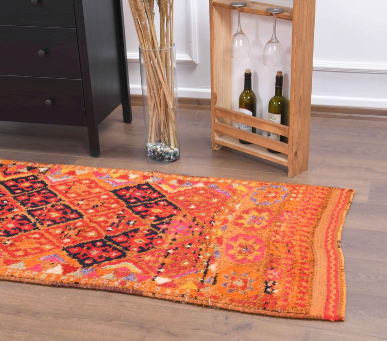 Orange Hand-Knotted Vintage Runner Rug