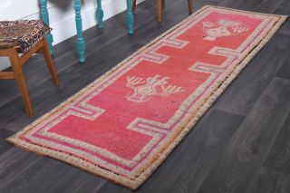 1970's Hand-Knotted Pink Runner Rug - Thumbnail