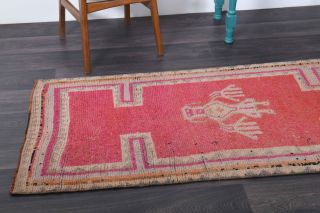 1970's Hand-Knotted Pink Runner Rug - Thumbnail