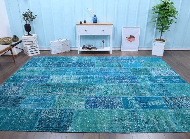 Vintage Turquoise Patchwork Large Area Rug