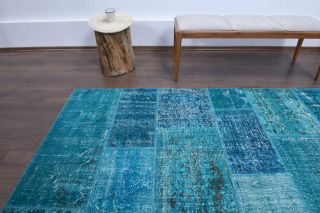 Vintage Turquoise Patchwork Large Area Rug - Thumbnail