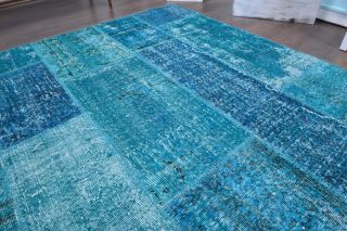 Vintage Turquoise Patchwork Large Area Rug - Thumbnail