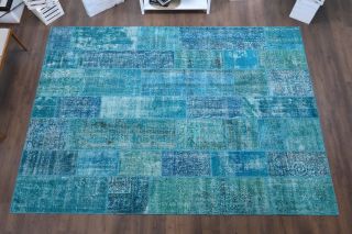 Vintage Turquoise Patchwork Large Area Rug - Thumbnail