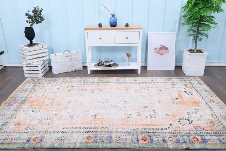 Antique Anatolian Distressed Neutral & Orange Area Rug