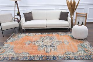 Vintage Orange Oriental Area Rug - Thumbnail