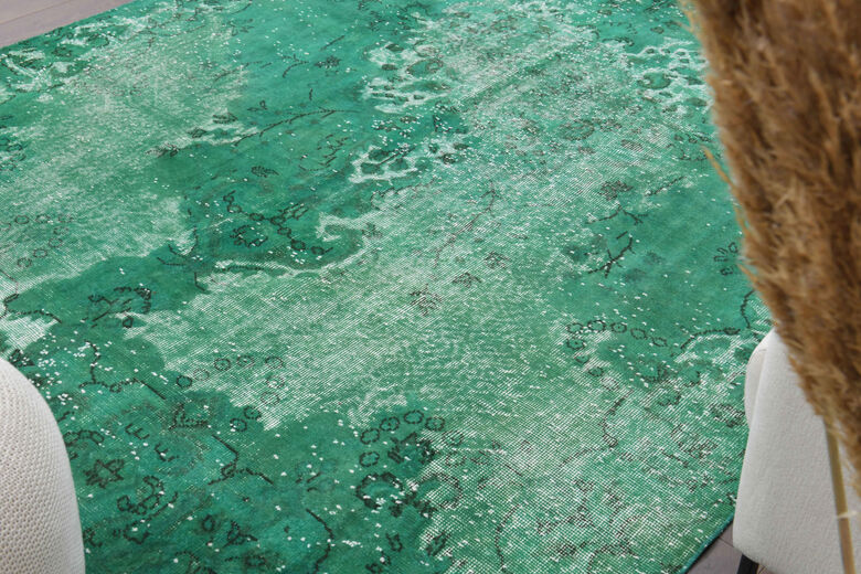 Overdyed Distressed Green Vintage Carpet