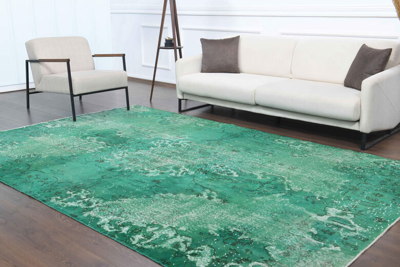 Overdyed Distressed Green Vintage Carpet