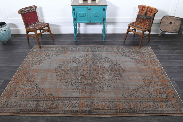 Gray-Orange Oriental Vintage Anatolian Rug