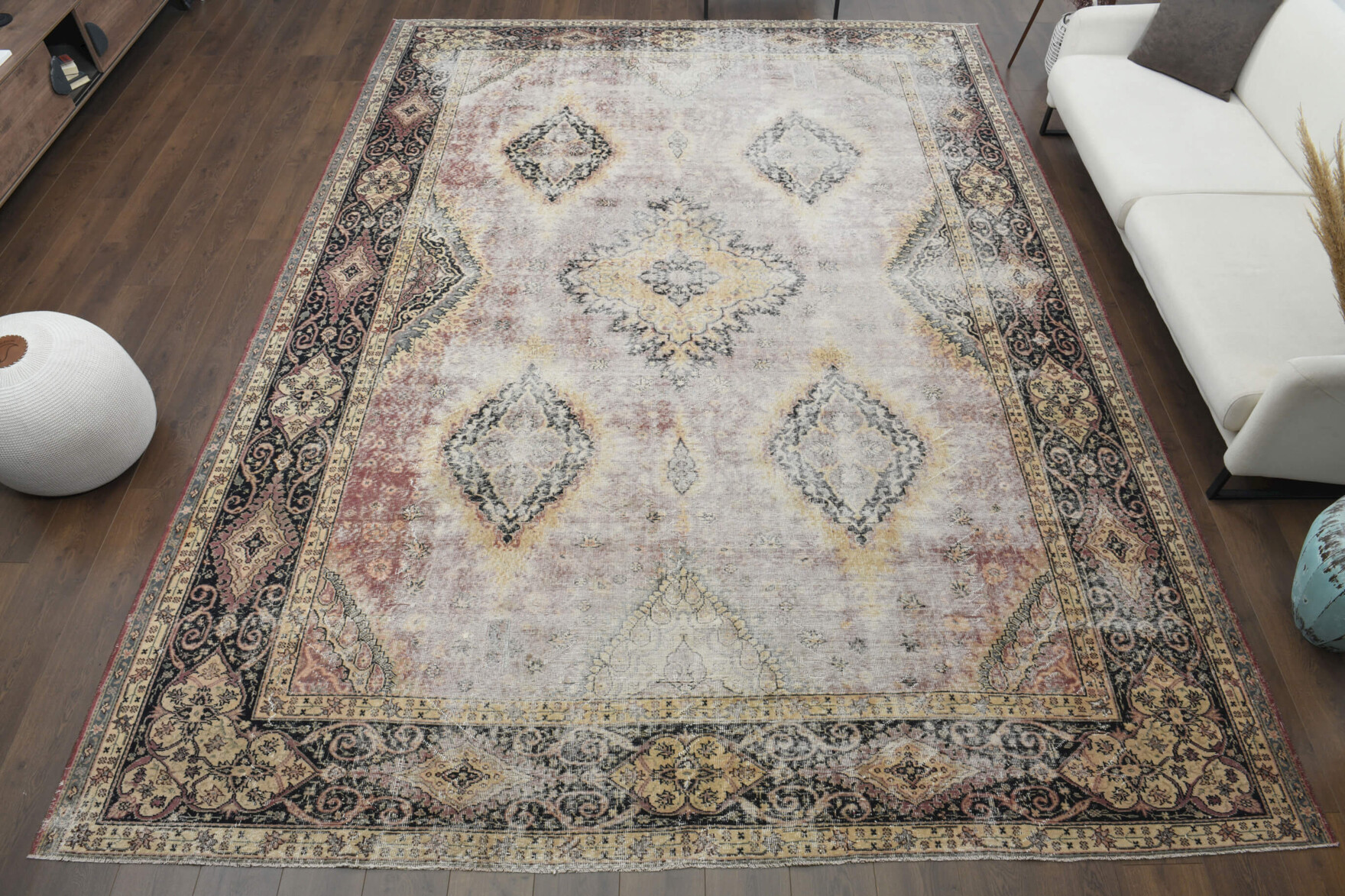 Neutral Distressed Turkish Rug, White Gray 10x13 9x12 8x10