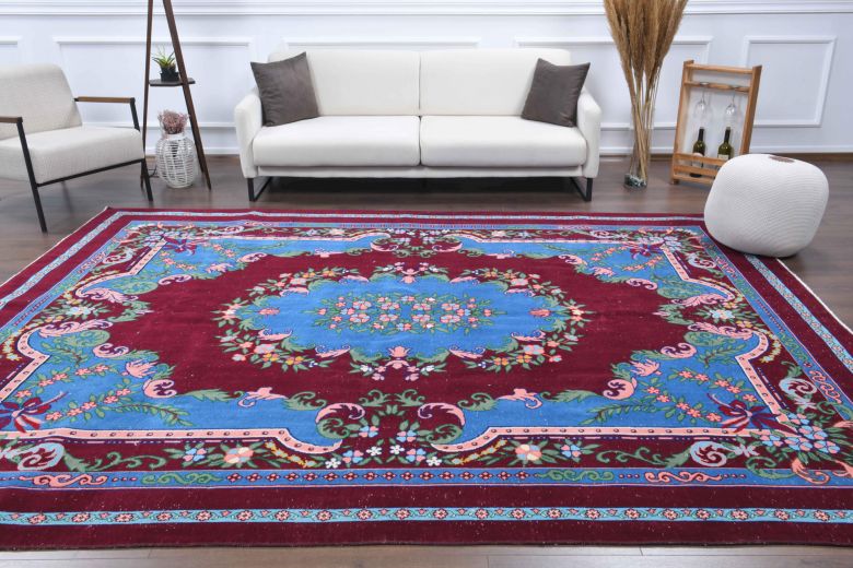 Blue & Burgundy - Vintage Oversized Anatolian Area Rug