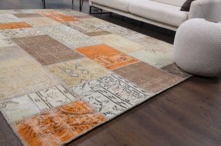 Beige & Orange - Vintage Patchwork Area Rug - Thumbnail