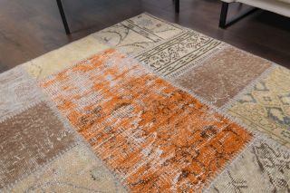 Beige & Orange - Vintage Patchwork Area Rug - Thumbnail