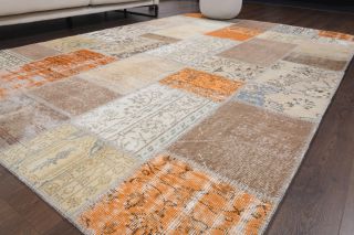 Beige & Orange - Vintage Patchwork Area Rug - Thumbnail