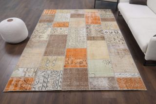 Beige & Orange - Vintage Patchwork Area Rug - Thumbnail